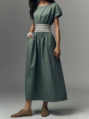 Anthropologie Waisted Short Sleeve A-Line Midi Green Dress NWOT